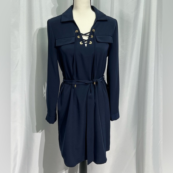 Calvin Klein Navy Blue Lace-Up Belted Shirt Dress Size 8 - Picture 2 of 12